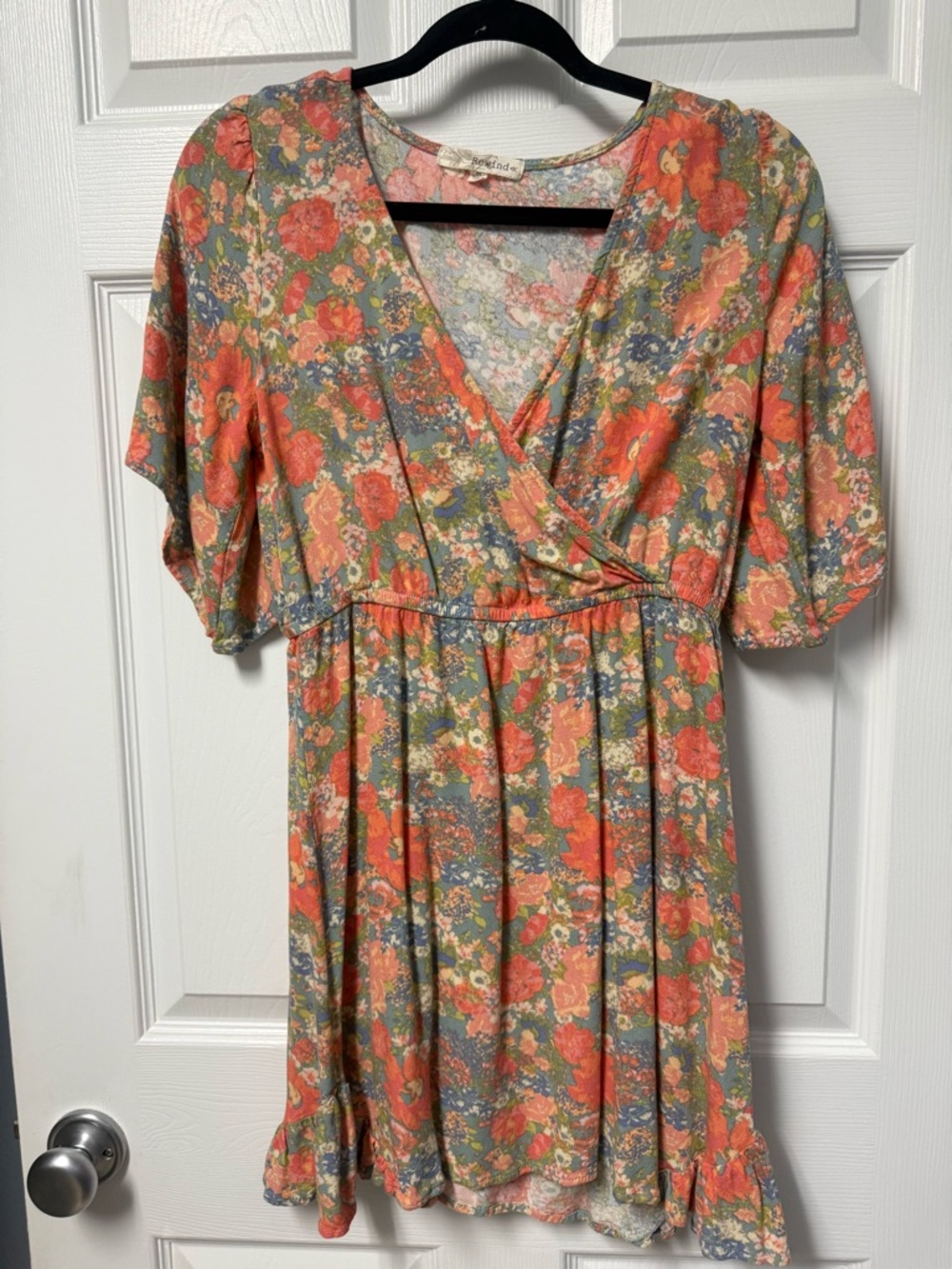 Rewind Coral & Sage Floral Wrap Mini Dress